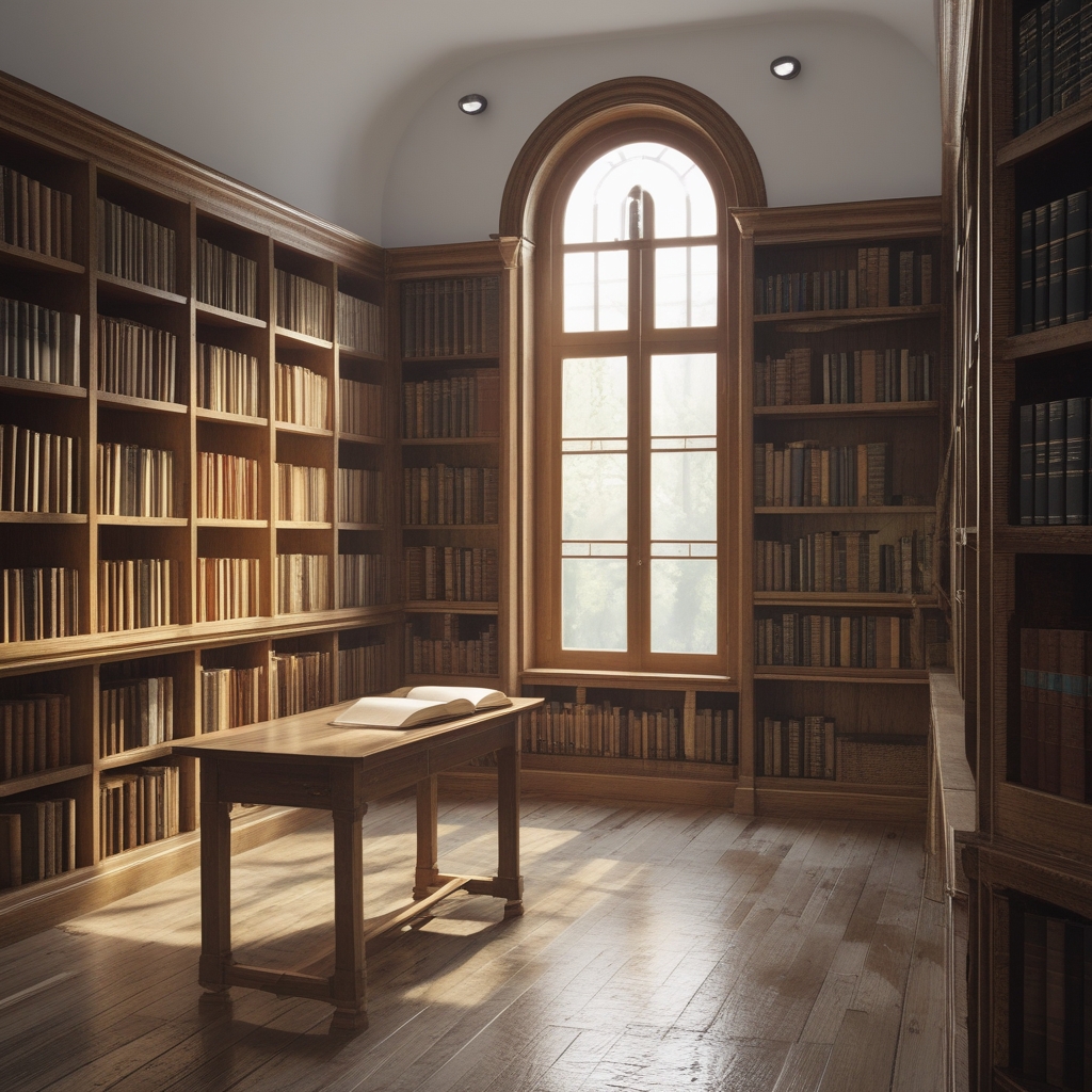 Quiet reading room interior with wooden bookshelves filled with books, a large arched window letting in warm daylight, a wooden table with an open book, calm scholarly atmosphere, no people visible