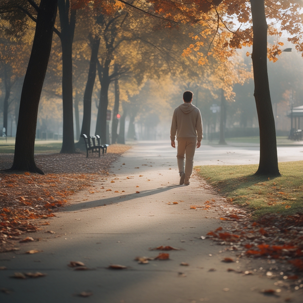Wide angle view of a quiet urban park path in autumn, fallen leaves on the ground, one person walking in the distance wearing casual neutral clothing, soft diffused daylight, peaceful atmosphere