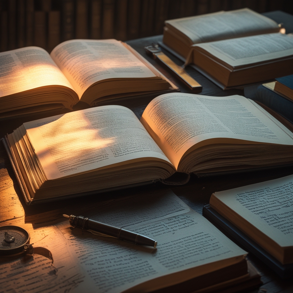 Open hardcover books arranged on a dark wooden desk with warm incandescent light illuminating their pages, scholarly atmosphere, a compass and pen beside them, no text legible, deep shadows around the edges