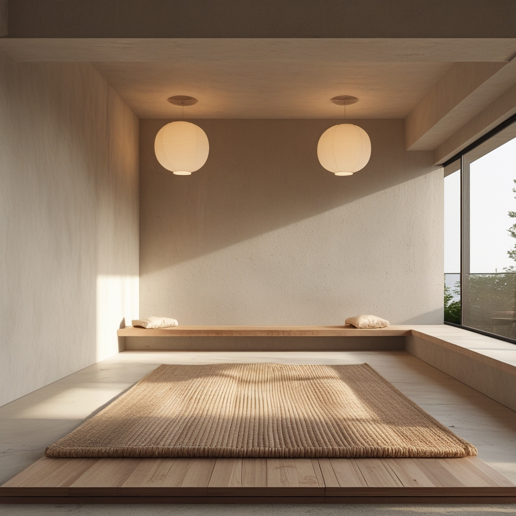 Minimalist indoor space with a low wooden platform, natural woven mat, soft indirect lighting from paper lanterns, calm neutral colors, empty and peaceful, suggesting rest and stillness